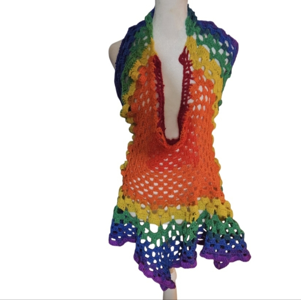 Rainbow Crochet Head Cover Bandana Prayer Wrap OOAK 14-in-1 Handmade Grannycore - Picture 11 of 17